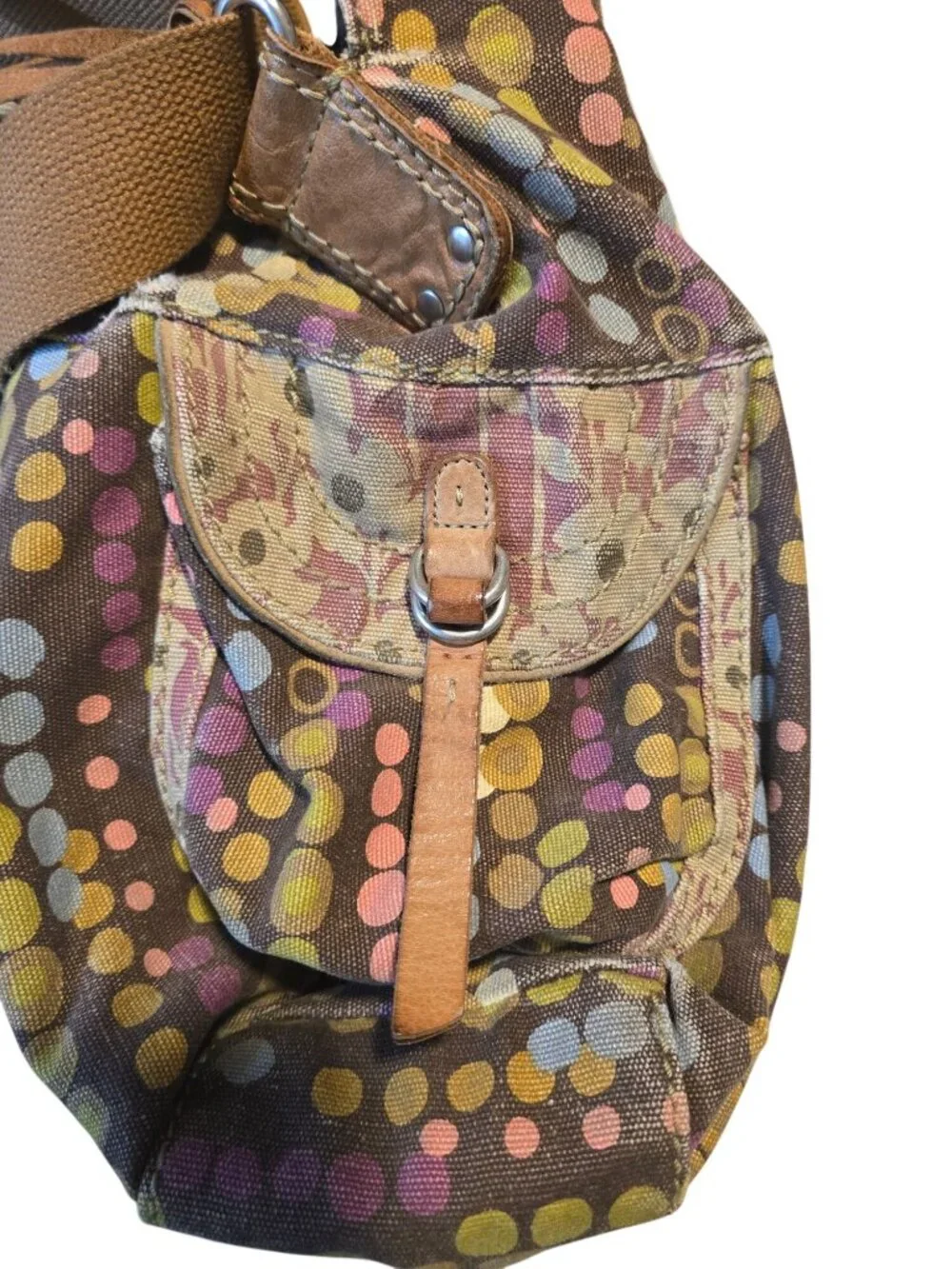 Vintage Fossil Multicolor Dot Canvas Crossbody Bag With Key & Pockets distressed